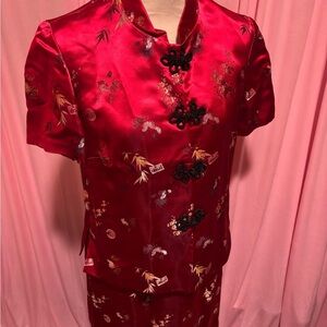 Elegant Red Satin Two-Piece Set